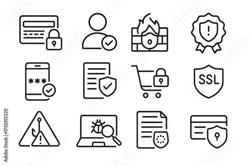 E-commerce Security Icons. Line style icons of e-commerce security: lock on payment form, verified customer icon, firewall shield,