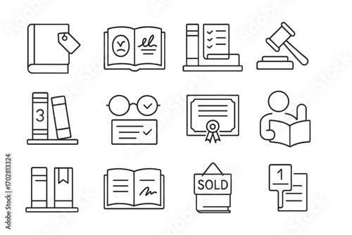 Book Auction Icons. Line style icons of book auctions: rare book with tag, signed edition icon, library catalog with bid form,