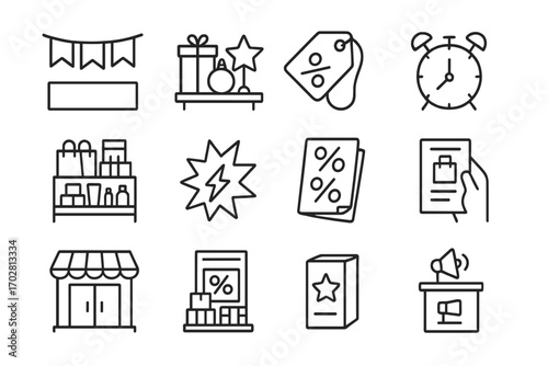 Seasonal Promotion Icons. Line style icons of seasonal retail promotions: Black Friday banner icon, holiday decorations on shelf,