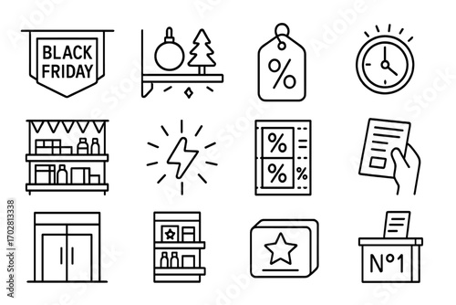 Seasonal Promotion Icons. Line style icons of seasonal retail promotions: Black Friday banner icon, holiday decorations on shelf,