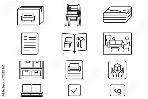 Wholesale Furniture Icons. Line style icons of wholesale furniture: boxed table set, chair stacks with strap, mattress wrapped for