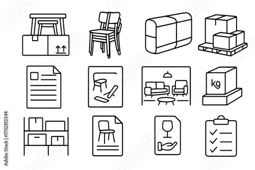 Wholesale Furniture Icons. Line style icons of wholesale furniture: boxed table set, chair stacks with strap, mattress wrapped for