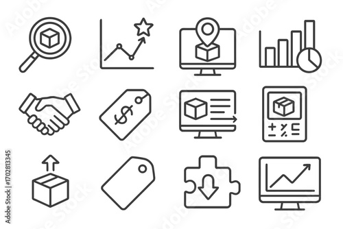 Product Sourcing Icons. Line style icons of product sourcing: product research magnifier, winning item graph, niche finder screen,