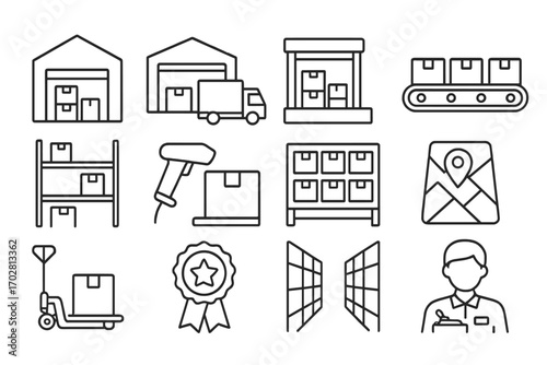 Fulfillment Center Icons. Line style icons of fulfillment centers: warehouse building icon, delivery truck at dock, loading bay
