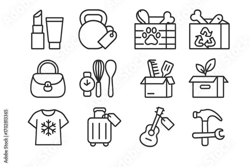 Niche Product Icons. Line style icons of niche product categories: beauty product icon, fitness gear with tag, pet supplies crate,