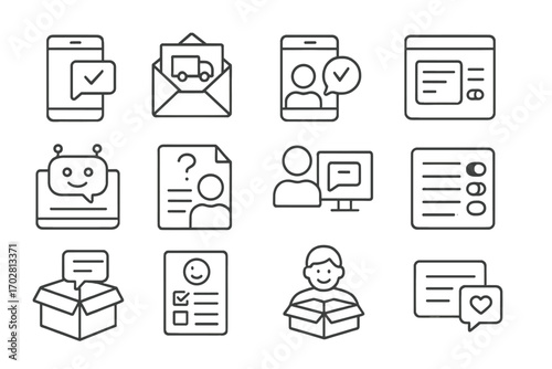Customer Communication Icons. Line style icons of customer communication: order confirmation message, shipping update email,