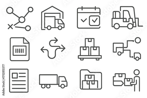 Warehouse Logistics Icons. Line style icons of warehouse logistics: route planning chart, loading truck at bay, delivery schedule