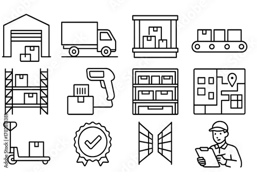 Fulfillment Center Icons. Line style icons of fulfillment centers: warehouse building icon, delivery truck at dock, loading bay