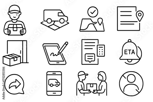 Last Mile Delivery Icons. Line style icons of last mile delivery: courier with package, delivery van on map, drop-off confirmation