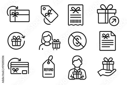 Gift Refund Icon Set. Line style icons of gift refunds: gift refund card, exchange or refund tag, gift receipt with barcode,