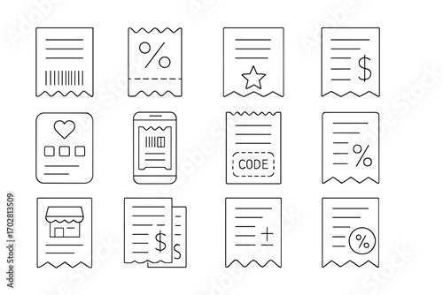 Coupon Discount Icons. Line style icons of coupons and receipt discounts: receipt with coupon barcode, discount tear-off section,
