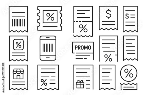 Coupon Discount Icons. Line style icons of coupons and receipt discounts: receipt with coupon barcode, discount tear-off section,