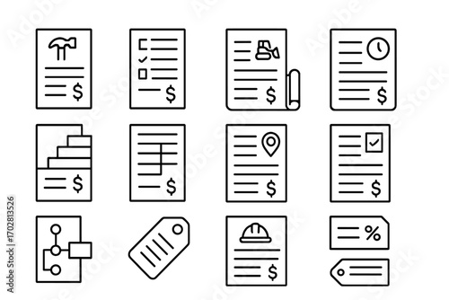 Construction Invoice Icons. Line style icons of invoices for construction: contractor invoice format, materials list on invoice,