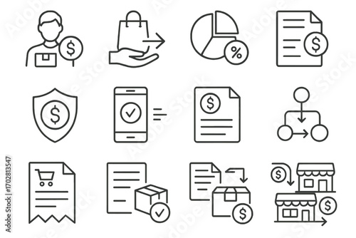 Marketplace Transaction Icons. Line style icons of marketplace transactions: seller payment icon, buyer transfer icon, platform