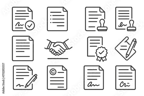 Sales Contract Icons. Line style icons of sales contracts and approvals: signed agreement document, terms and conditions file,