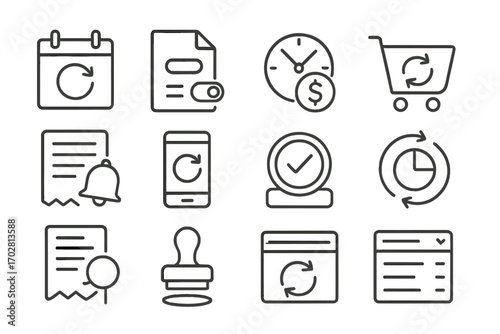 Recurring Purchases Icons. Line style icons of recurring purchases: calendar with auto-renew icon, monthly charge file, scheduled