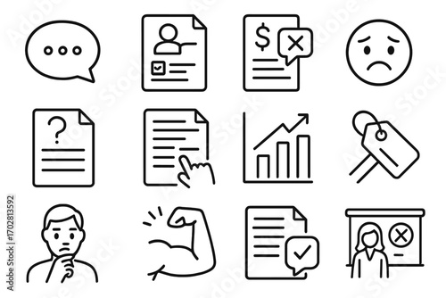Sales Objections Icons. Line style icons of sales objections and responses: objection bubble icon, customer concern form, sales