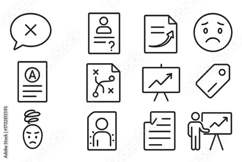 Sales Objections Icons. Line style icons of sales objections and responses: objection bubble icon, customer concern form, sales