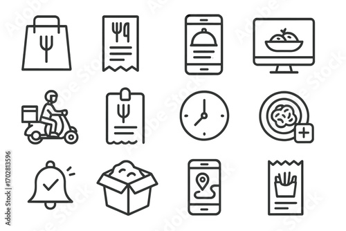 Food Order Icons. Line style icons of food orders: takeout bag icon, meal order ticket, restaurant app order screen, online food