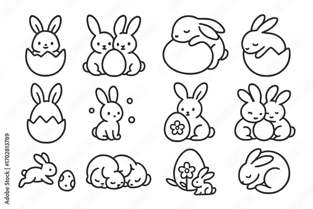 Obraz premium Baby Bunny Egg Icons. Line style icons of baby bunnies with eggs: tiny bunny in egg, twin bunnies with egg, bunny asleep on egg,