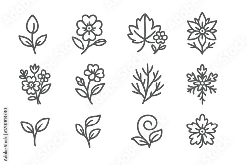 Seasonal Floral Icons. Line style icons of seasonal floral elements: spring bud, summer blossom, autumn leaf with bloom, winter