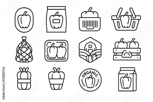 Pepper Packaging Icons. Line style icons of market and packaging pepper elements: produce sticker, labeled bag, pepper barcode,