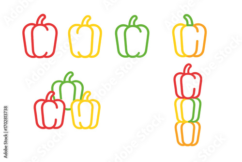 Colorful Pepper Icons. Line style icons of colored pepper outlines: red pepper, yellow pepper, green pepper, orange pepper;