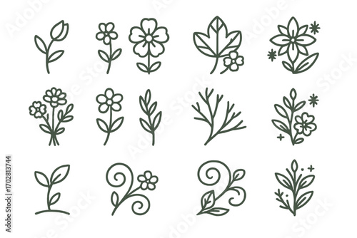 Seasonal Floral Icons. Line style icons of seasonal floral elements: spring bud, summer blossom, autumn leaf with bloom, winter
