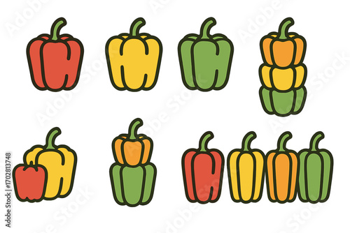 Colorful Pepper Icons. Line style icons of colored pepper outlines: red pepper, yellow pepper, green pepper, orange pepper;