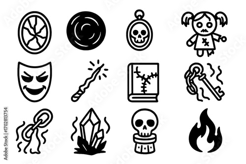 Cursed Object Icons. Line style icons of cursed and haunted objects: cracked mirror, dark orb, cursed locket, broken doll; twisted