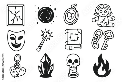 Cursed Object Icons. Line style icons of cursed and haunted objects: cracked mirror, dark orb, cursed locket, broken doll; twisted
