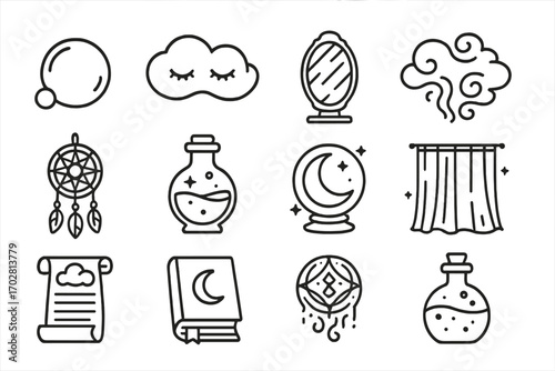 Dreamy Icons Collection. Line style icons of dream and illusion objects: floating bubble, soft cloud mask, illusion mirror, memory