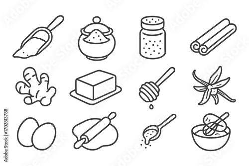 Cookie Ingredient Icons. Line style icons of cookie ingredients and details: flour scoop, sugar bowl, spice jar, cinnamon stick;