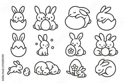 Baby Bunny Egg Icons. Line style icons of baby bunnies with eggs: tiny bunny in egg, twin bunnies with egg, bunny asleep on egg,