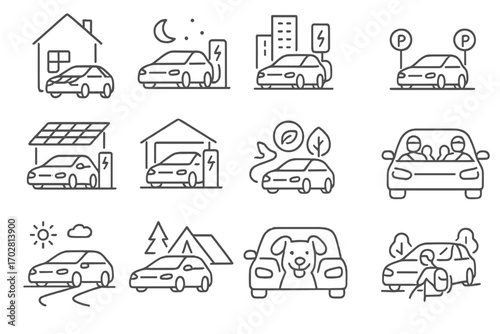 Electric Mobility Icons. Line style icons of electric mobility lifestyle: charging at home, night charge, city station, EV in