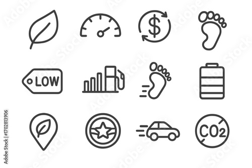 Eco Driving Indicators. Line style icons of eco driving indicators: leaf icon, eco meter, energy saved icon, smooth driving symbol