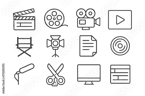 Filmmaking Tools Icons. Line style icons of filmmaking tools: clapperboard, film reel, movie camera, play button; director chair,