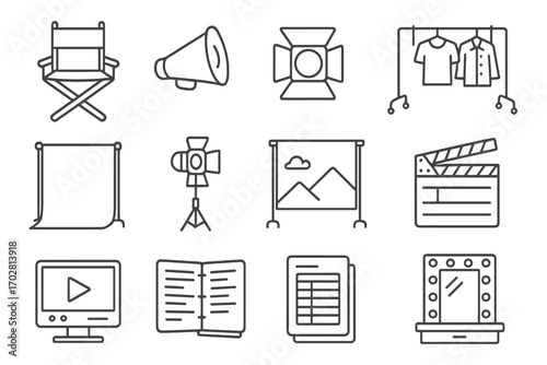 Movie Set Icons. Line style icons of movie set items: director chair, megaphone, assistant slate, wardrobe rack; green screen,