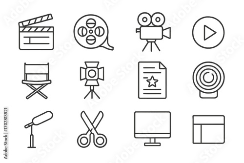 Filmmaking Tools Icons. Line style icons of filmmaking tools: clapperboard, film reel, movie camera, play button; director chair,
