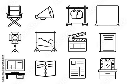 Movie Set Icons. Line style icons of movie set items: director chair, megaphone, assistant slate, wardrobe rack; green screen,