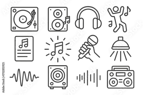 Musical Party Icons. Line style icons of musical party vibes: DJ turntable, speaker with notes, headphones, dancing person; party