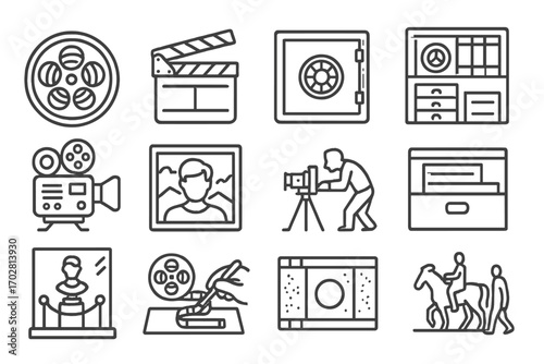 Film History Icons. Line style icons of film history and archive: vintage reel can, classic clapper, film vault, archive shelf;