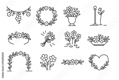 Floral Wedding Icons. Line style icons of floral wedding decor: hanging garland, flower wreath, centerpiece vase, aisle flowers;