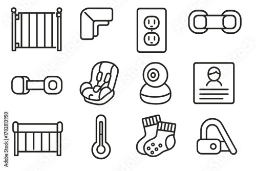 Baby Safety Icons. Line style icons of baby safety: safety gate, corner protector, outlet cover, drawer lock; cabinet strap, car