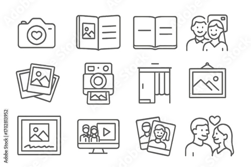 Wedding Memory Icons. Line style icons of photo and memory: wedding camera, photo album, guestbook, couple selfie; Polaroid photos