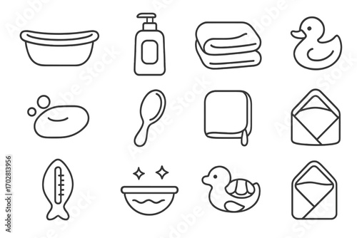 Baby Hygiene Icons. Line style icons of baby hygiene: baby bathtub, shampoo bottle, soft towel, rubber duck; baby soap, hairbrush,