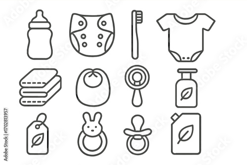 Eco Baby Line Icons. Line style icons of eco baby items: glass bottle, cloth diaper, bamboo toothbrush, organic onesie; reusable
