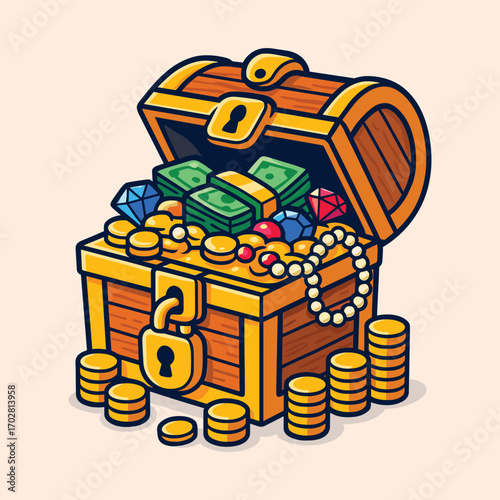 Cute open overflowing treasure chest vector cartoon