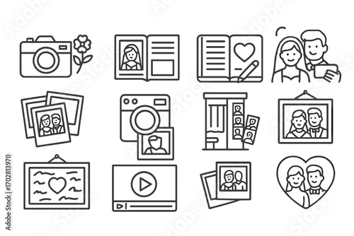 Wedding Memory Icons. Line style icons of photo and memory: wedding camera, photo album, guestbook, couple selfie; Polaroid photos