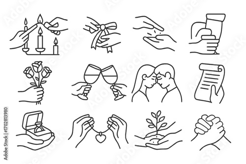 Symbolic Gesture Icons. Line style icons of symbolic gestures: lighting unity candle, tying ribbon, hand blessing, breaking glass;